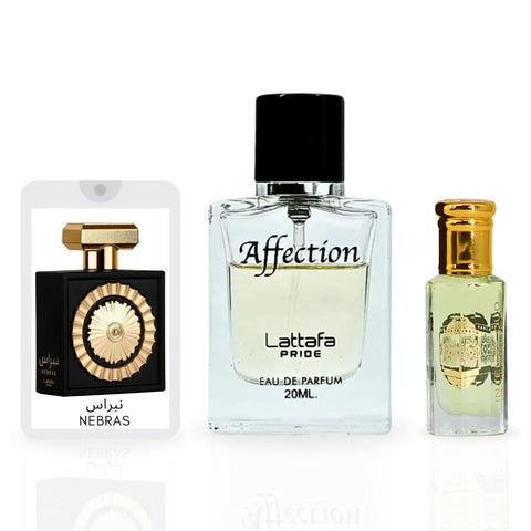 Intense Oud Nebras & Affection perfume spray set with Lady Mile perfume oil and magnetic gift box, featuring elegant fragrance bottles.