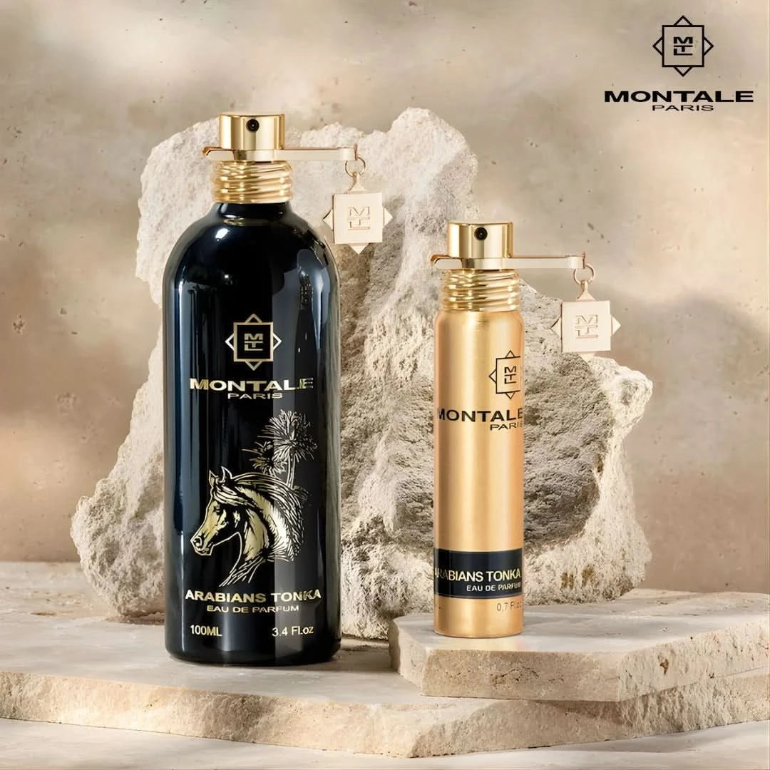 Montale Holiday Gift Set with Arabians Tonka Eau de Parfum sprays, 100ml and 20ml, featuring elegant glass bottles and decorative packaging.