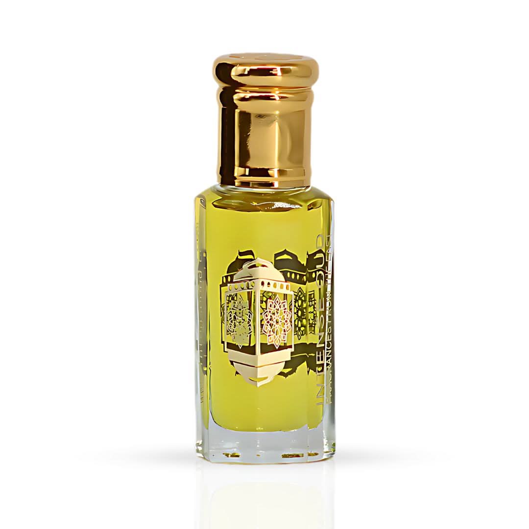 Intense Oud Yasmeen Al Arab Perfume Oil 12ml in black gift box, showcasing a clear glass bottle with gold accents and black lid.