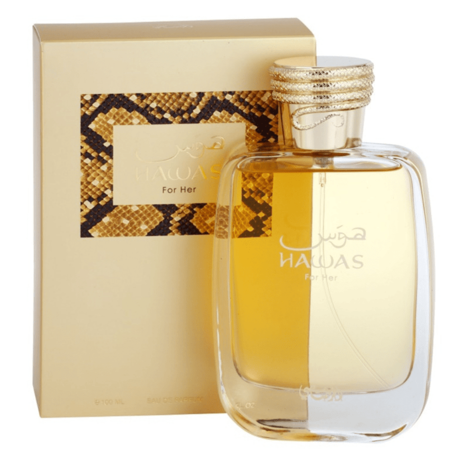Rasasi Hawas for Her Eau de Parfum spray bottle, 100ml, with elegant packaging and floral aromatic design.