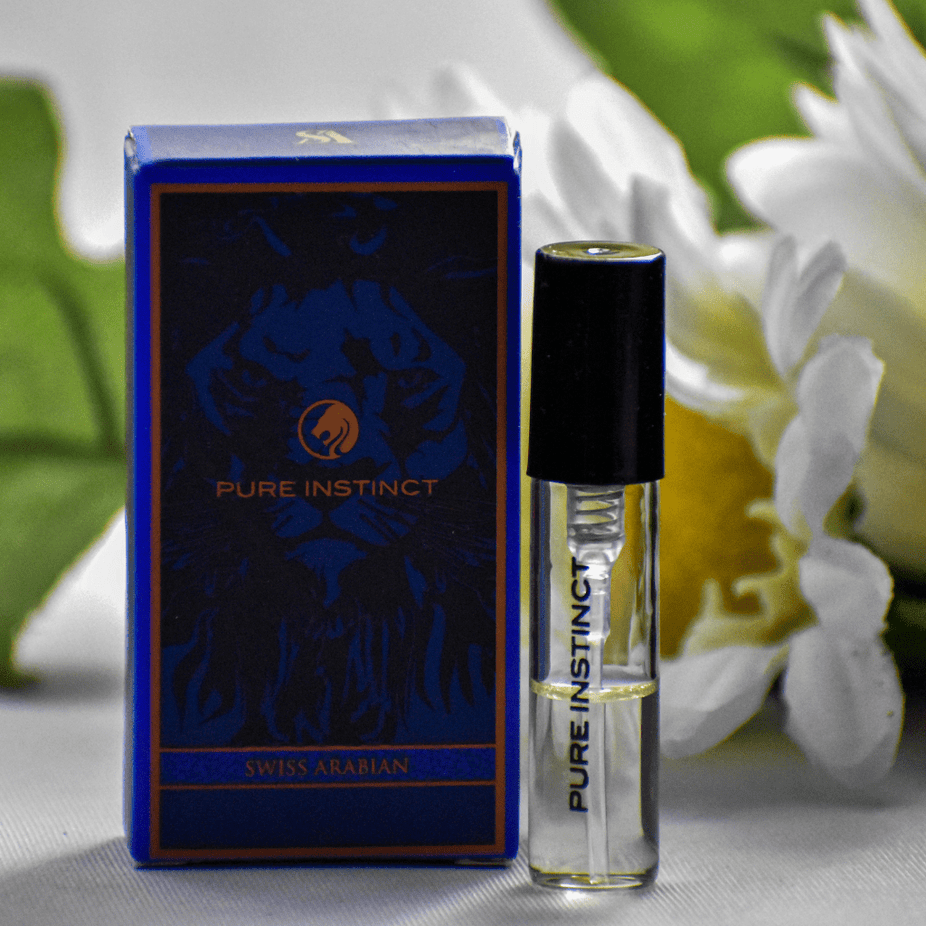 Swiss Arabian Pure Instinct EDP sample for men, 1ml, showing the sleek sample vial with branding and a minimalistic design.