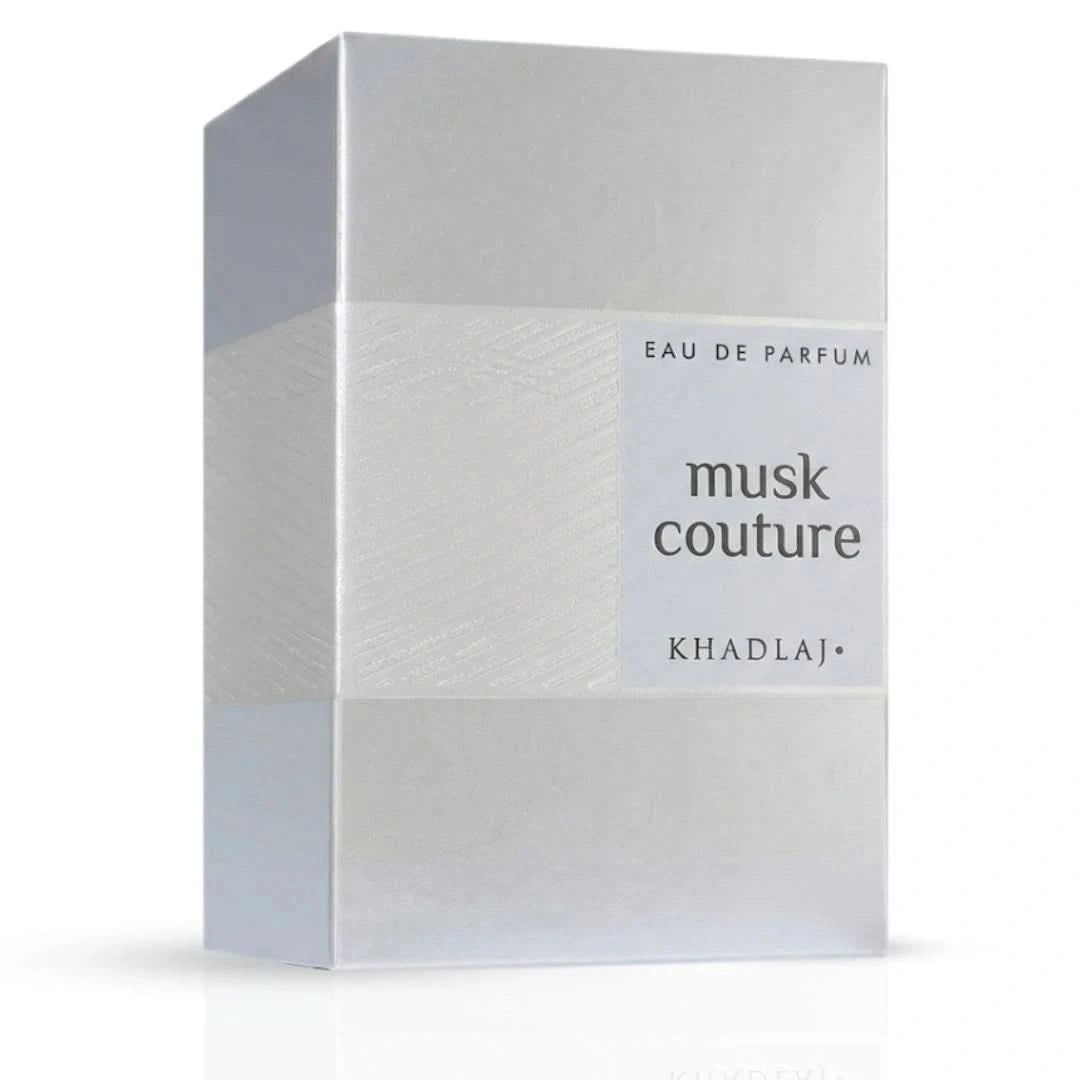 Khadlaj Musk Couture Eau de Parfum spray bottle, 100ml, sleek design with a silver cap and elegant branding.