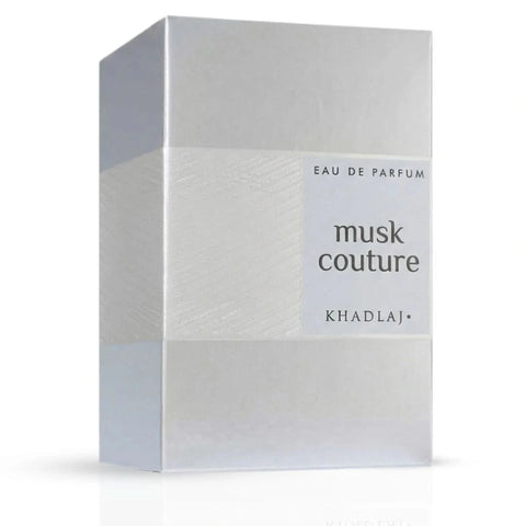 Khadlaj Musk Couture Eau de Parfum spray bottle, 100ml, sleek design with a silver cap and elegant branding.