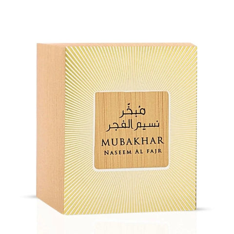 Rasasi Mubakhar Naseem Al Fajr Oudh Moattar Bakhoor 50g in a decorative container with fragrant ash and aromatic ingredients.