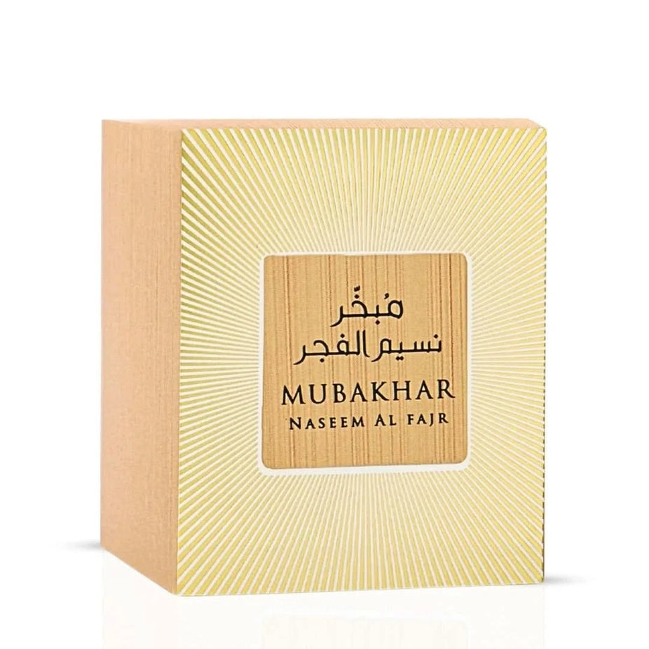 Rasasi Mubakhar Naseem Al Fajr Oudh Moattar Bakhoor in 50g tin, fragrant traditional incense with intricate packaging.