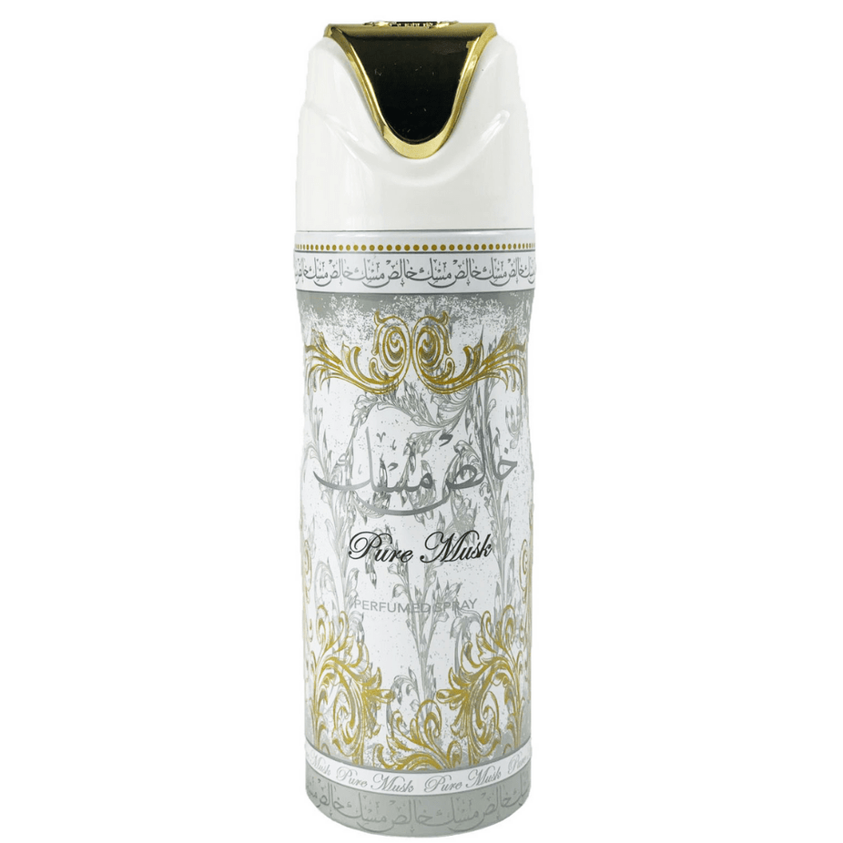 Lattafa Pure Musk Deodorant 200ML spray bottle with sleek design, ideal for keeping fresh and smelling musky throughout the day.