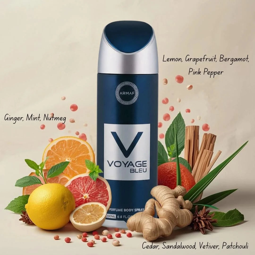 Armaf Voyage Bleu deodorant spray 200ml bottle with blue and silver design, shown on a plain background.