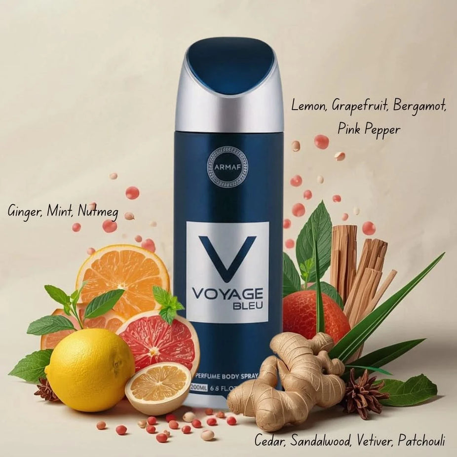 Armaf Voyage Bleu deodorant spray 200ml, featuring sleek blue packaging and a refreshing scent, shown in the image.
