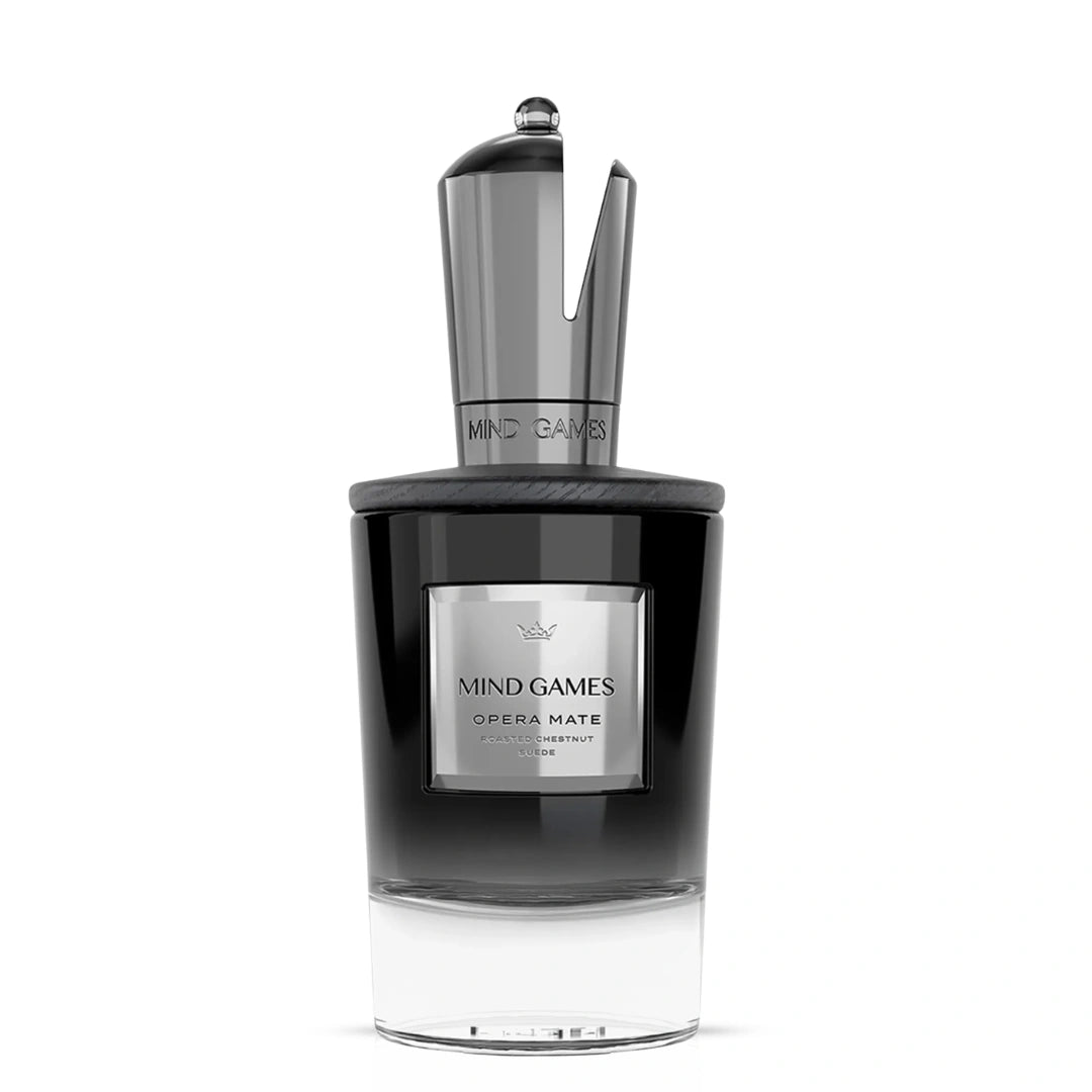 Opera Mate Extrait de Parfum 100ml by Mind Games, elegant glass bottle of EDP perfume with a sleek design.