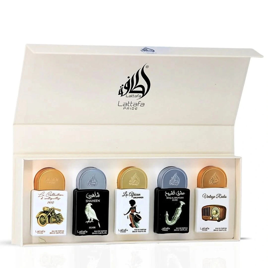 Lattafa Pride Eau de Parfum gift set with five 20ml spray bottles, featuring elegant packaging and diverse fragrances.