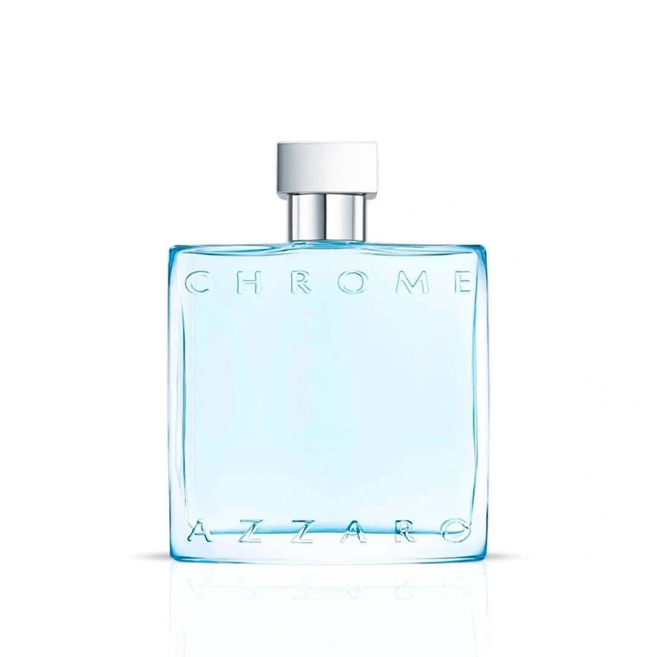 Azzaro Chrome Eau de Toilette spray bottle, 100ml, sleek silver design with chrome finish, ideal for men’s fragrance collection.