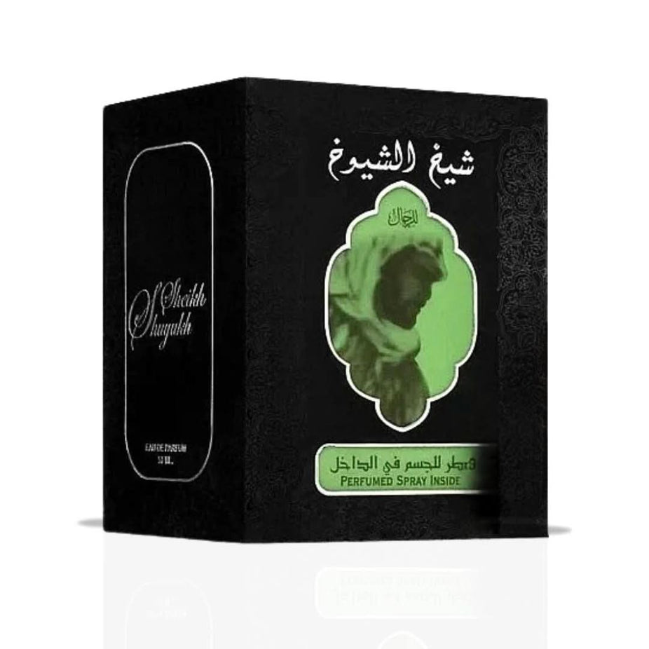 Lattafa Sheikh Al Shuyukh Black EDP spray with perfumed deodorant, 50ml, featuring a rich, woody scent and elegant packaging.