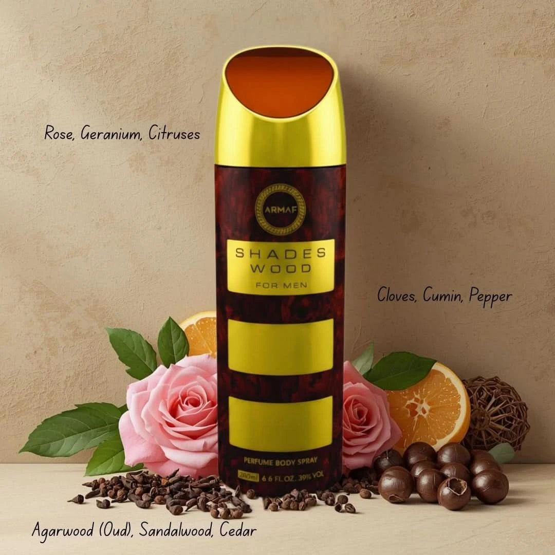 Armaf Shades Wood deodorant spray 200ml bottle with sleek packaging and labeling, designed for fresh, wood-inspired scent.