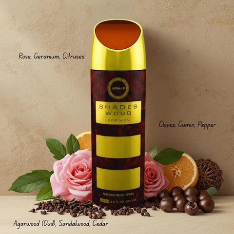 Armaf Shades Wood deodorant spray 200ml bottle with sleek packaging and labeling, designed for fresh, wood-inspired scent.