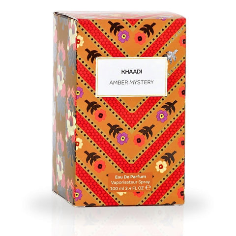 Khaadi Amber Mystery Eau de Parfum spray bottle, 100ml, featuring an elegant amber-colored perfume bottle with a sleek design.