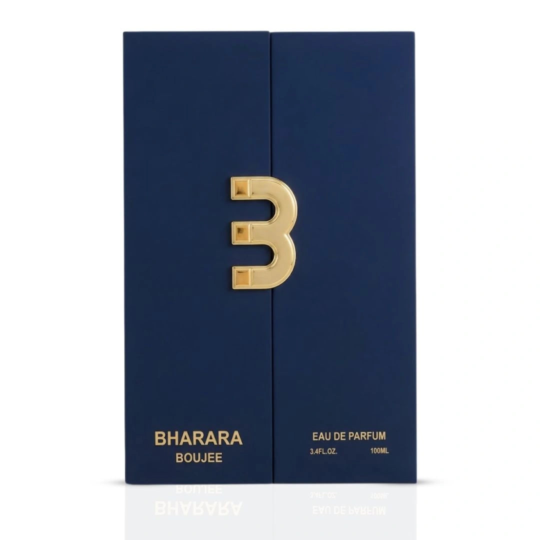 Bharara Boujee Eau de Parfum spray bottle, 100ml, with elegant packaging, showcasing the BHARARA brand and luxurious fragrance.