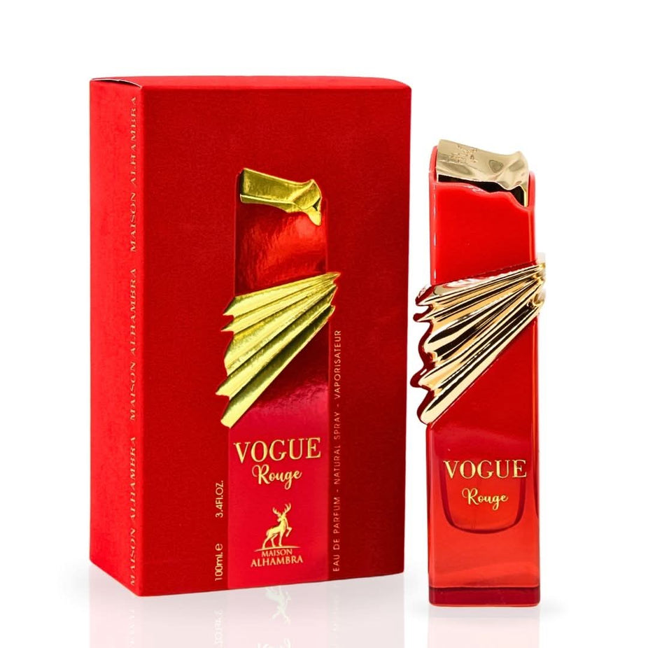 Maison Alhambra Vogue Rouge Eau de Parfum spray 100ml bottle with elegant packaging and perfume liquid inside.