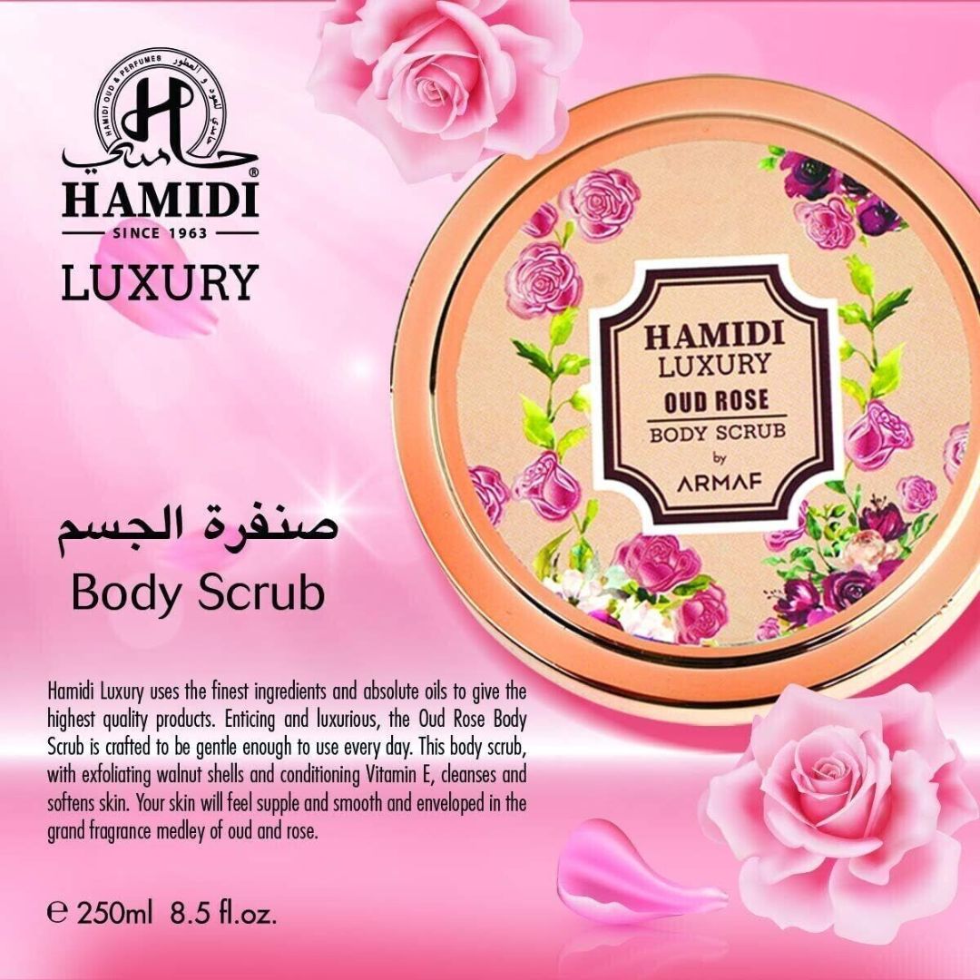 LUXURY OUD ROSE BODY SCRUB 250ML (8.4 OZ) By Hamidi | Gently Exfoliates For Soft & Smooth Skin, Naturally Derived Ingredients. - Intense Oud