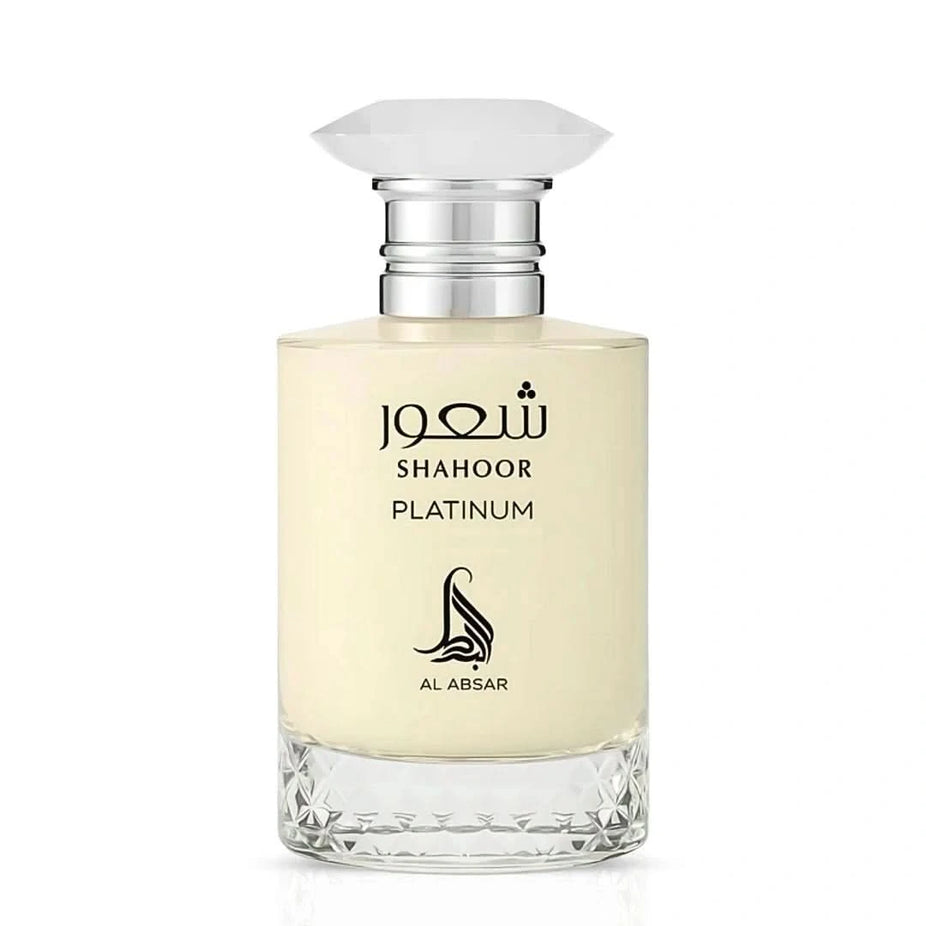 Shahoor Platinum Eau de Parfum Spray by Al Absar, 100ml bottle with elegant design and silver accents.