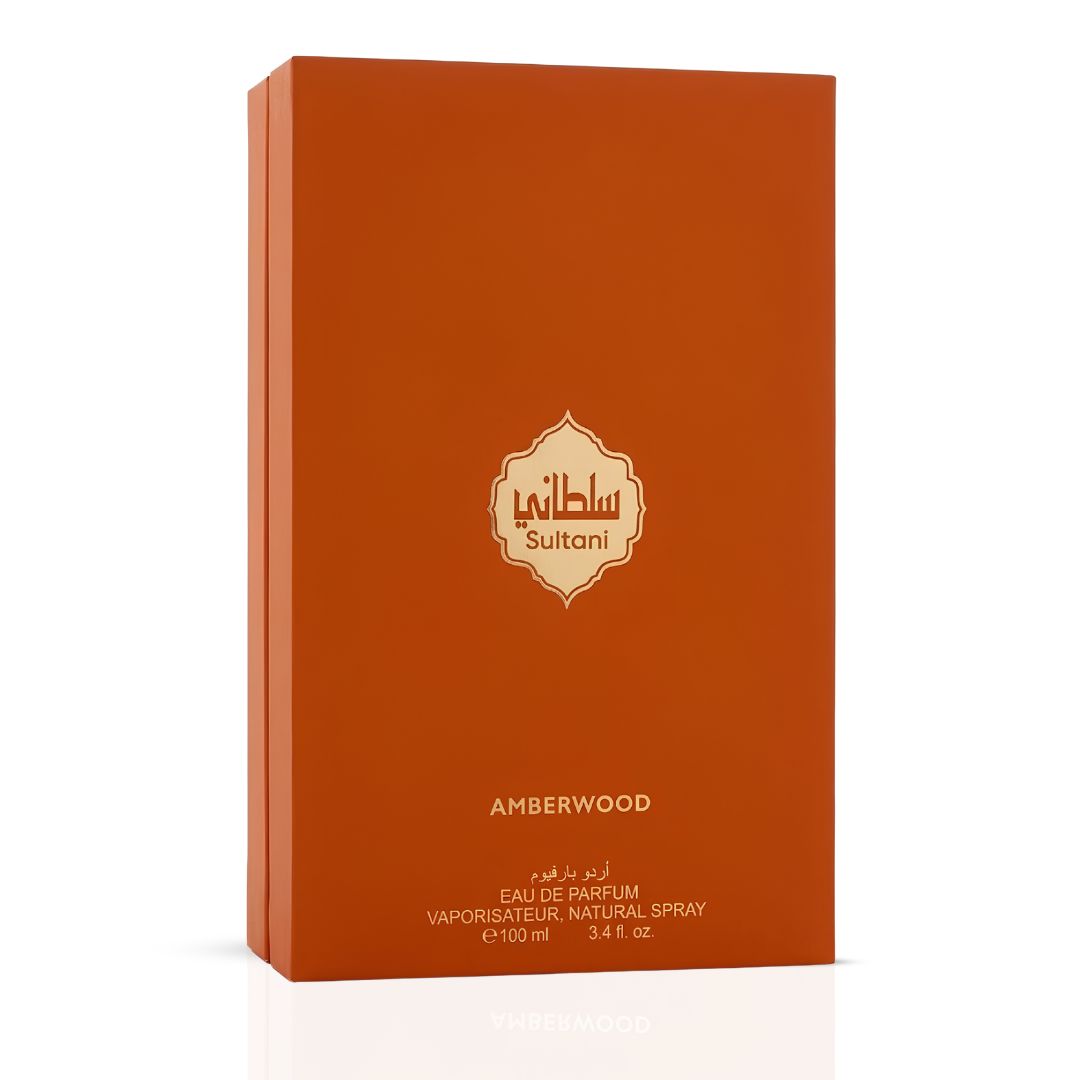 Arabian Oud Sultani Amberwood Eau de Parfum spray 100ml with elegant bottle and amber-colored liquid visible.