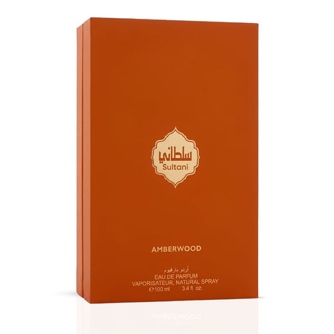 Arabian Oud Sultani Amberwood Eau de Parfum spray 100ml with elegant bottle and amber-colored liquid visible.