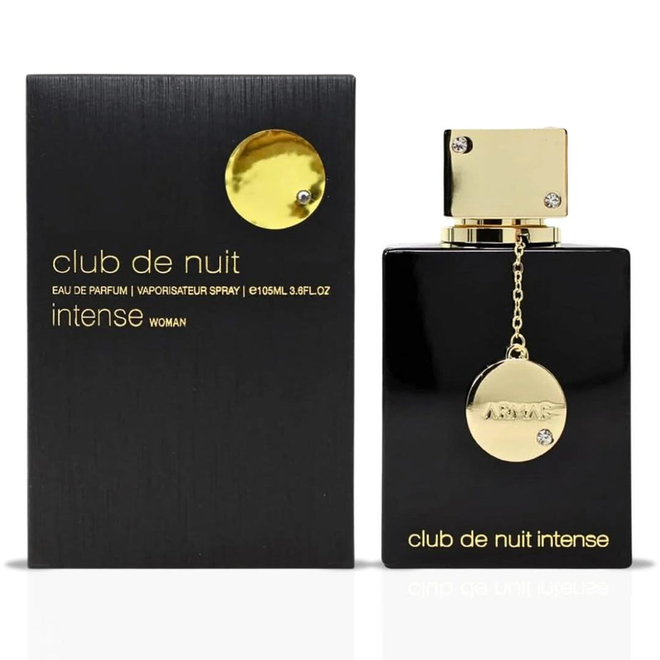 Armaf Club De Nuit Intense men EDT and women EDP spray bundle, 105ml each, featuring sleek bottle designs for both fragrances.