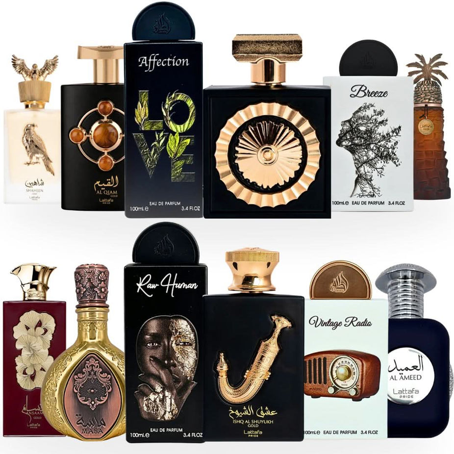 Lattafa Pride Collection Eau de Parfum spray bottles, 100ml each, showcasing the elegant packaging of the Lattafa Pride brand.