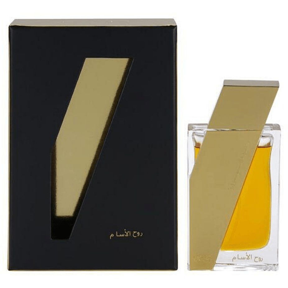 Rasasi Boruzz Rooh Al Assam Eau De Parfum 50ML bottle with elegant packaging and floral and woody scent highlights.