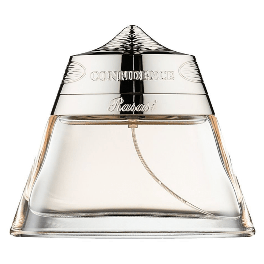Rasasi Confidence for Men Eau De Parfum bottle, 85ml, with sleek packaging and dark-colored cap, showcasing the men's fragrance design.