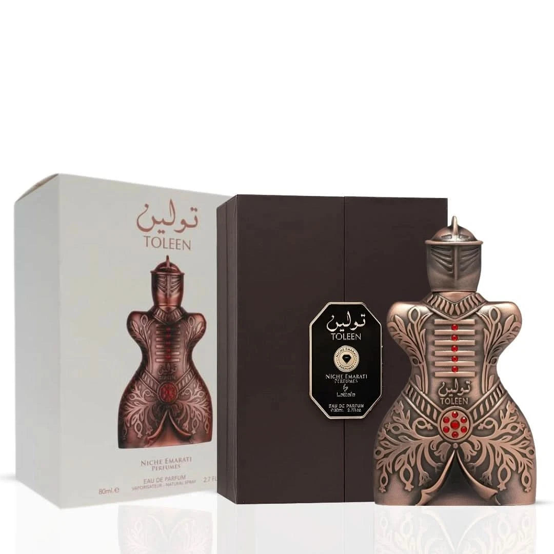 Lattafa Niche Emarati Toleen Eau de Parfum spray bottle, 80ml, with elegant packaging and fragrance details.