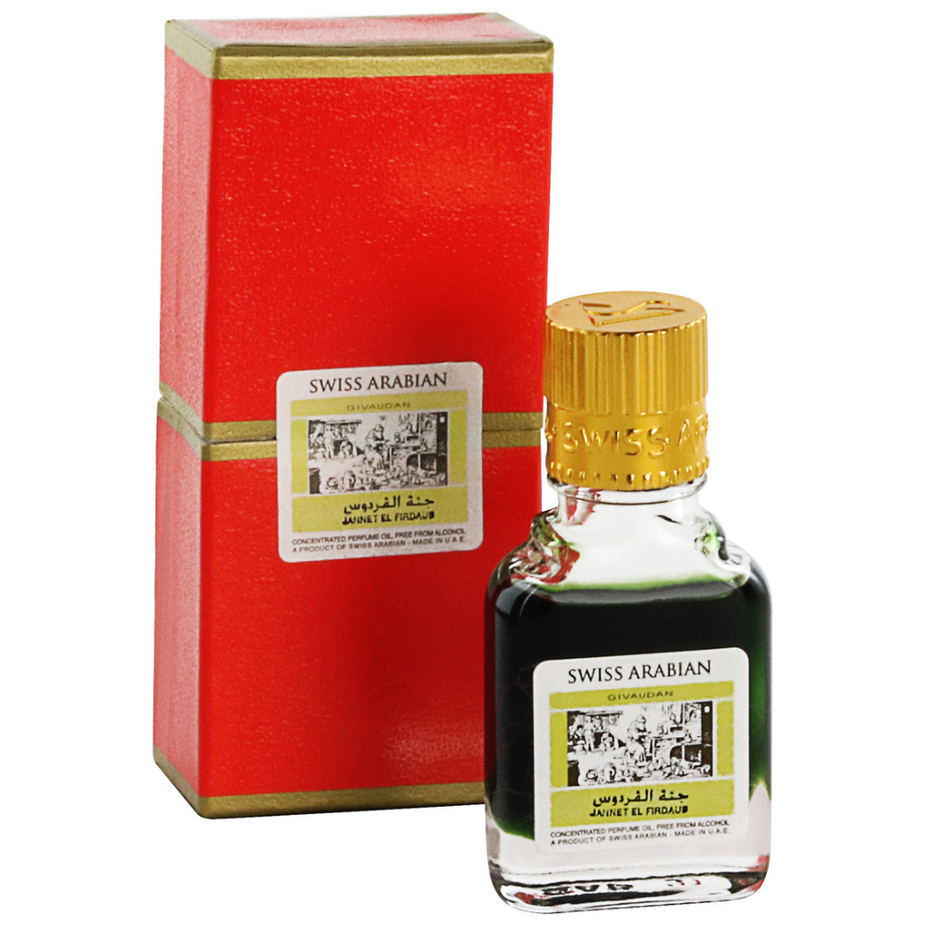 Swiss Arabian Jannet El Firdaus Red Perfume Oil in a 9ML bottle, showcasing the elegant packaging of this concentrated perfume oil.