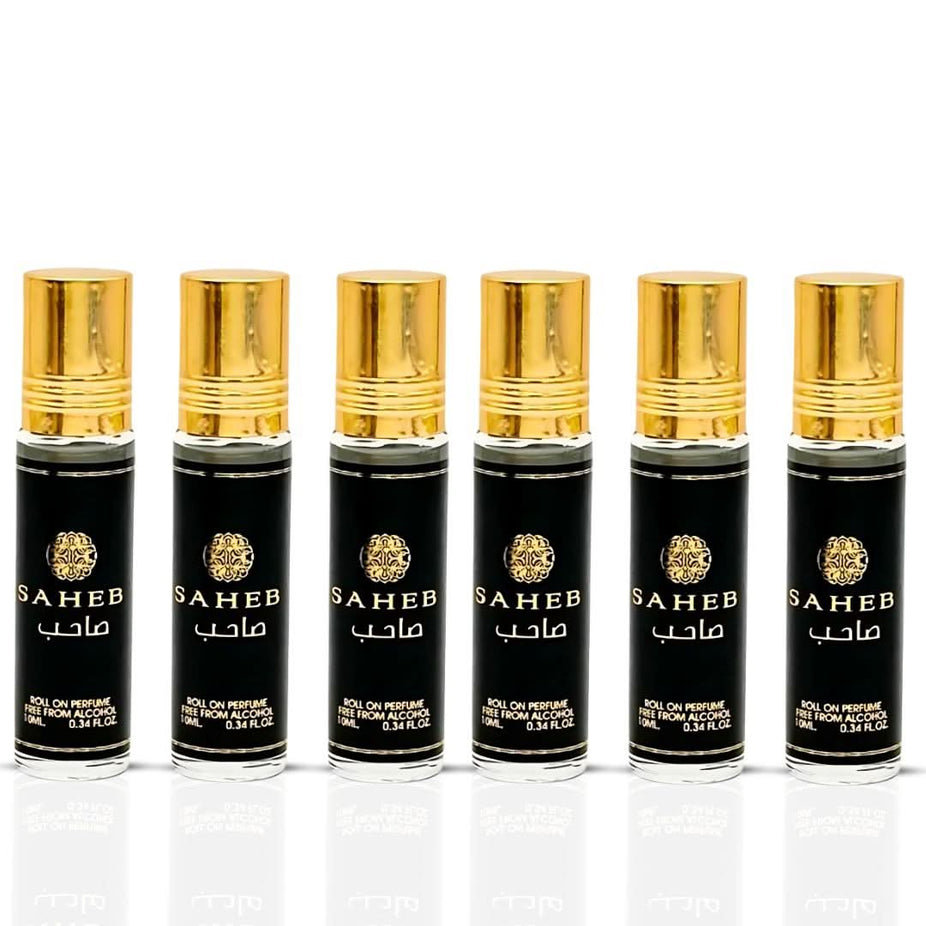 Six Ard Al Zaafaran Saheb Roll-On Perfume Oils in 10ml bottles, long-lasting concentrated perfume oil for men and women.
