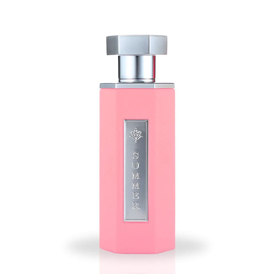 Summer Pink EDP by Reef Perfumes bottle with floral design, showcasing a luxurious 100ml Eau De Parfum bottle.