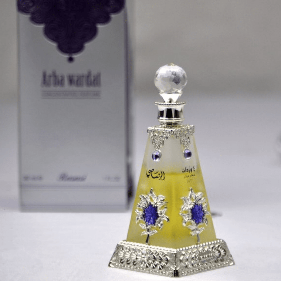 Rasasi Arba Wardat concentrated perfume oil 30ml bottle, showcasing elegant packaging and luxurious fragrance.