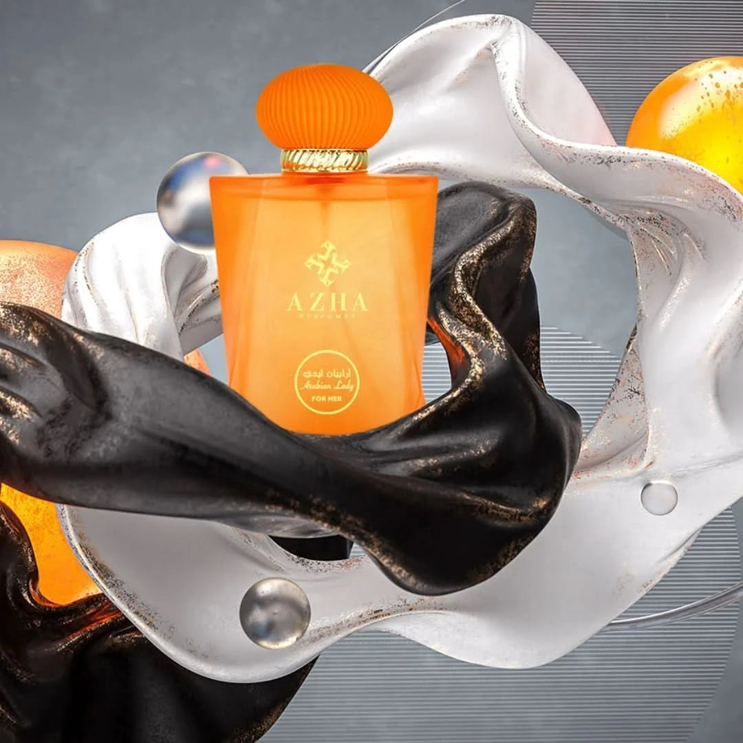 Arabian Lady for Her AZHA Eau de Parfum spray 100ml with velvet pouch, elegant bottle and floral design visible.
