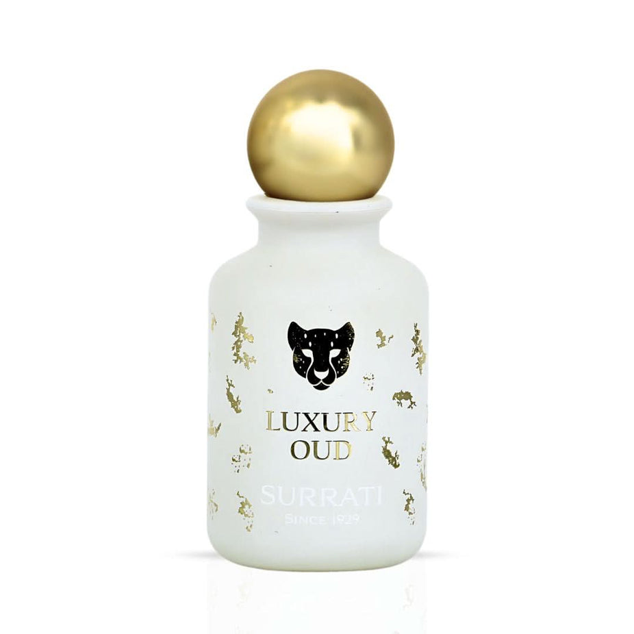 Surrati Luxury Oud Eau de Parfum spray bottle, 100ml, featuring a sleek design and luxurious oud fragrance.