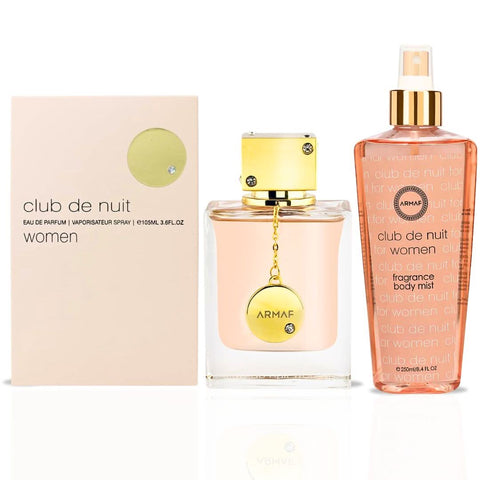 Armaf Club De Nuit Women Eau de Parfum spray and fragrance body mist in a bundle, featuring elegant bottles and branding.