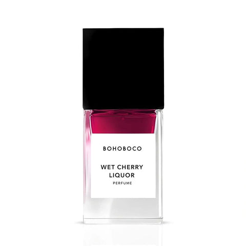 Bohoboco Wet Cherry Liquor Eau de Parfum Spray 50ml with a sleek glass bottle and cherry-themed design.