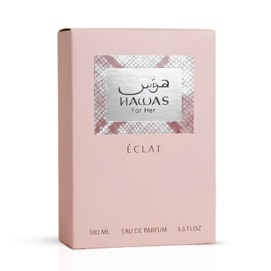 Rasasi Hawas For Her Eclat Eau de Parfum spray 100ml bottle, featuring elegant packaging and the perfume's branding.