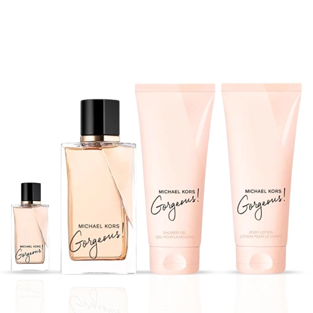 Michael Kors Gorgeous 4Pc Gift Set (3.4oz EDP Spray, 3.4oz Body Lotion, 3.4oz Shower Gel, 5ml EDP Spray) | Spicy Citrus, Bold Florals, Warm Woody Depth - Intense Oud