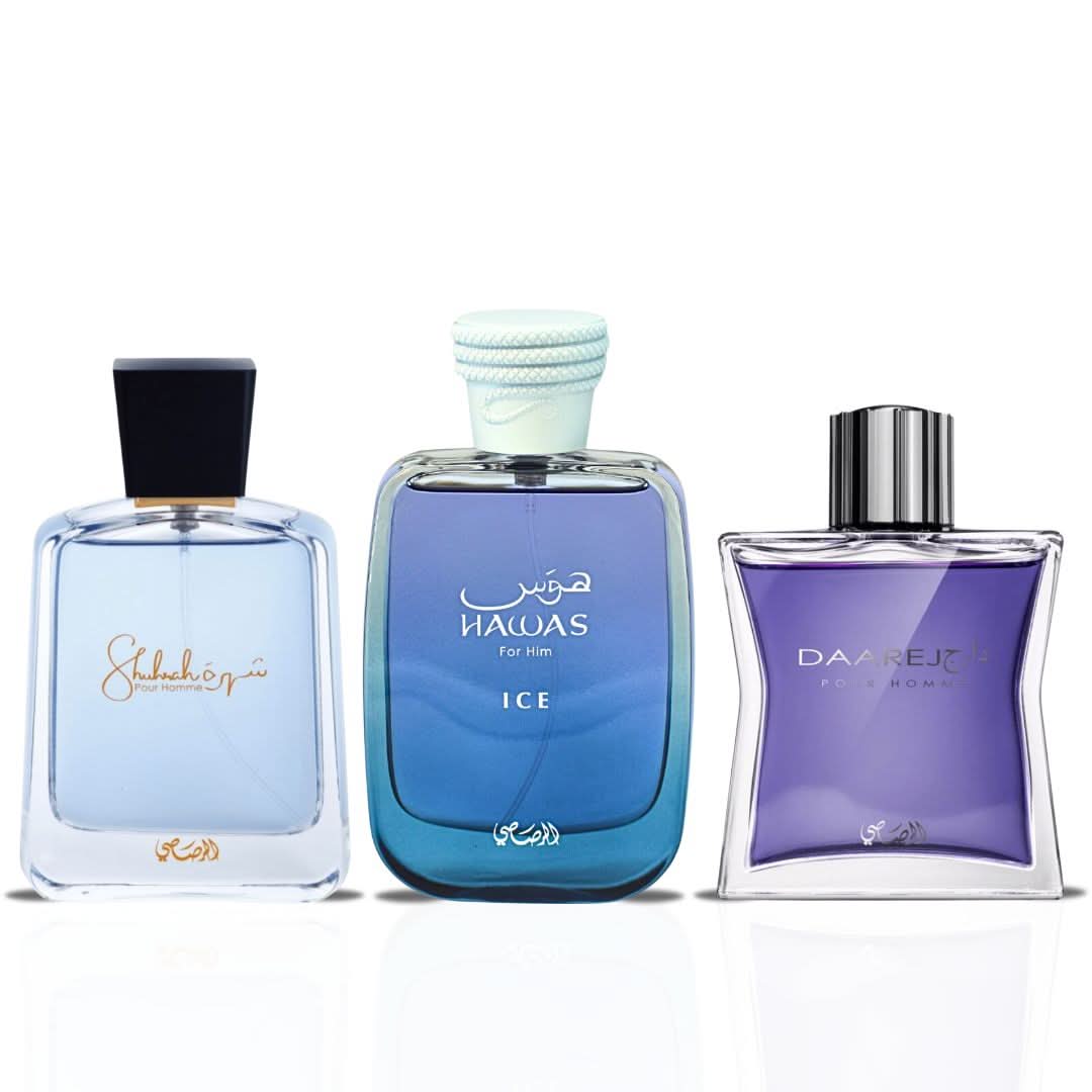 Bundle of Rasasi Hawas Ice, Daarej, and Shuhrah for Men Eau de Parfum sprays, featuring three stylish men's fragrance bottles.