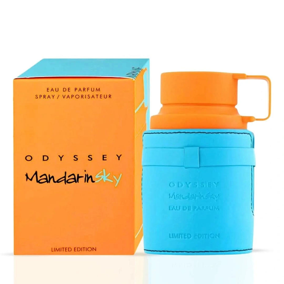 Odyssey Mandarin Sky and Odyssey Mandarin Sky Elixir Eau de Parfum sprays by Armaf, 100ml bundle, featuring sleek perfume bottles.