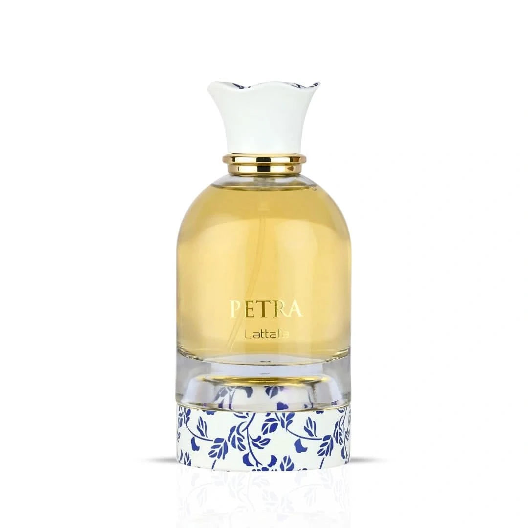 Lattafa Petra Eau de Parfum spray 100ml with velvet pouch, showcasing the elegant perfume bottle and packaging.