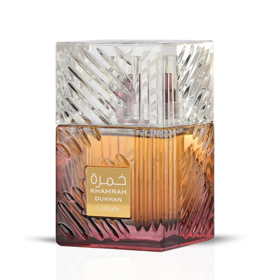 Lattafa Khamrah Dukhan Eau de Parfum spray 100ml bottle with elegant packaging and fragrance details.