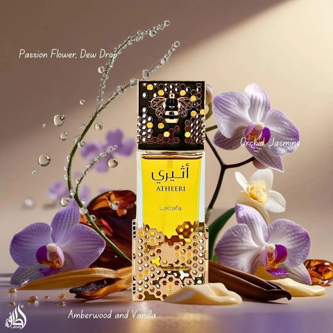 Lattafa Atheeri and Habik for Women, Petra Eau de Parfum sprays 100ml bundle, featuring elegant perfume bottles.