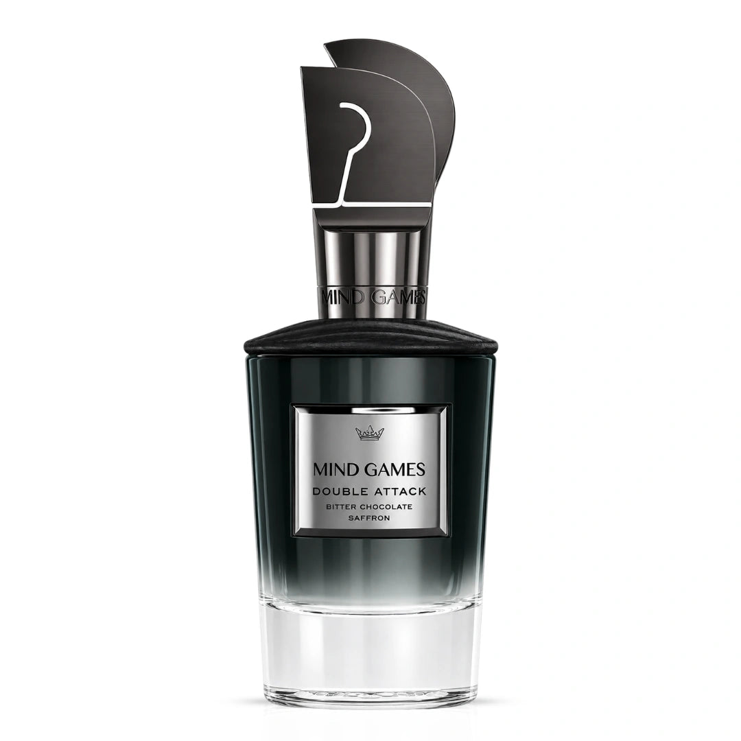 Mind Games Double Attack Extrait de Parfum 100ml bottle, elegant glass container with black cap and label.
