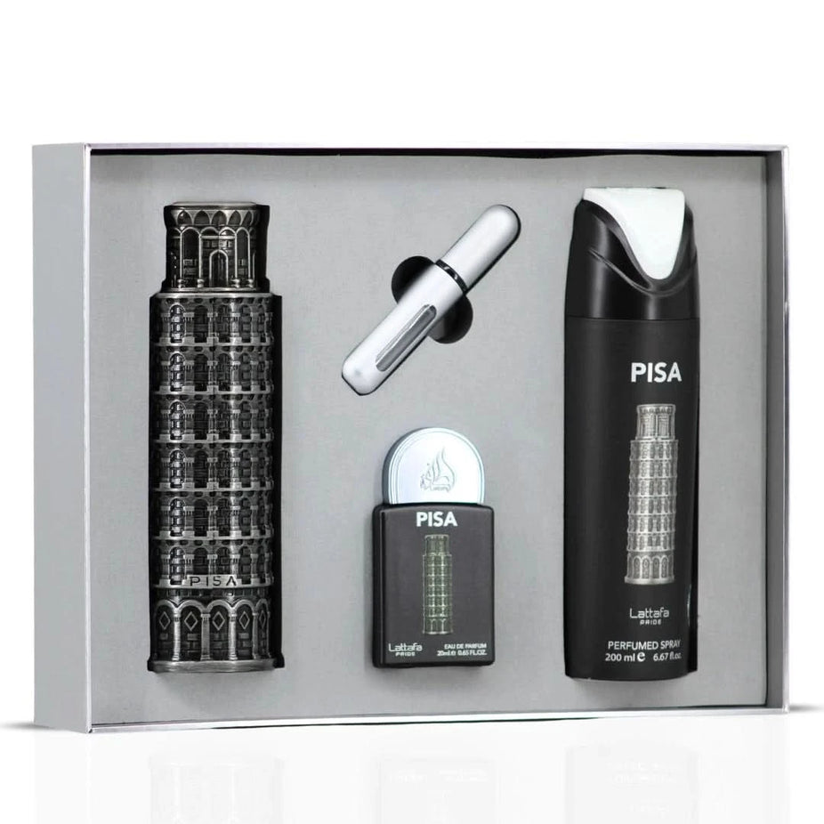 Lattafa Pride Pisa 3-piece perfume gift set with elegant bottles and packaging, perfect for gifting or personal use.