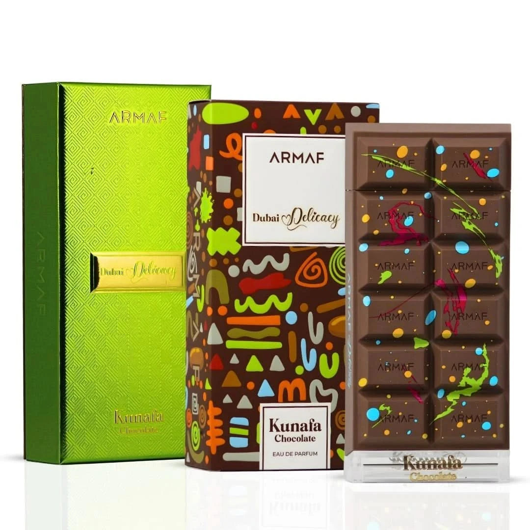Dubai Delicacy Kunafa Chocolate Eau de Parfum Spray by Armaf, 70ml, featuring elegant perfume bottle with decorative design.