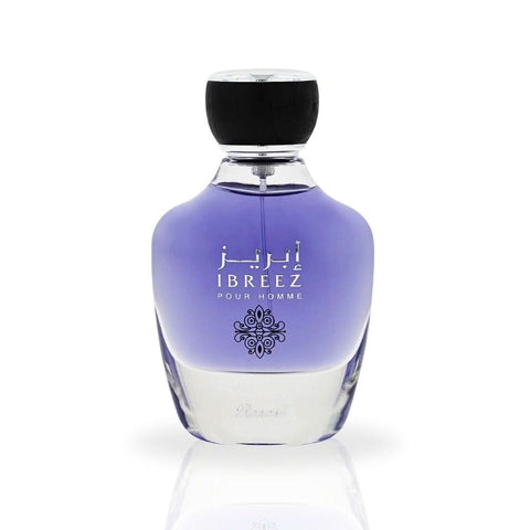 Rasasi Ibreez Pour Homme Eau de Parfum spray bottle with velvet pouch, 100ml, elegant design for men