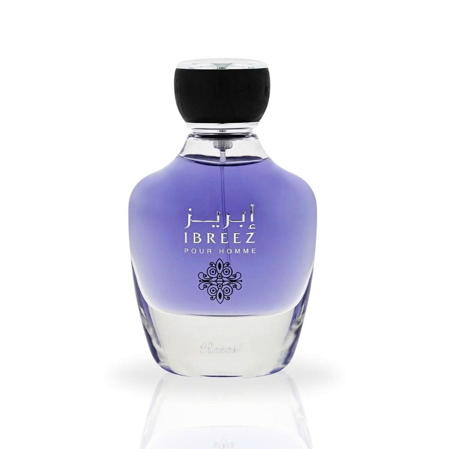 Rasasi Ibreez Pour Homme Eau de Parfum spray in 100ml velvet pouch, featuring the sleek fragrance bottle and packaging.